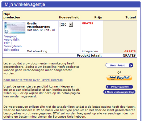 Mijn Winkelwagentje op VistaPrint.nl